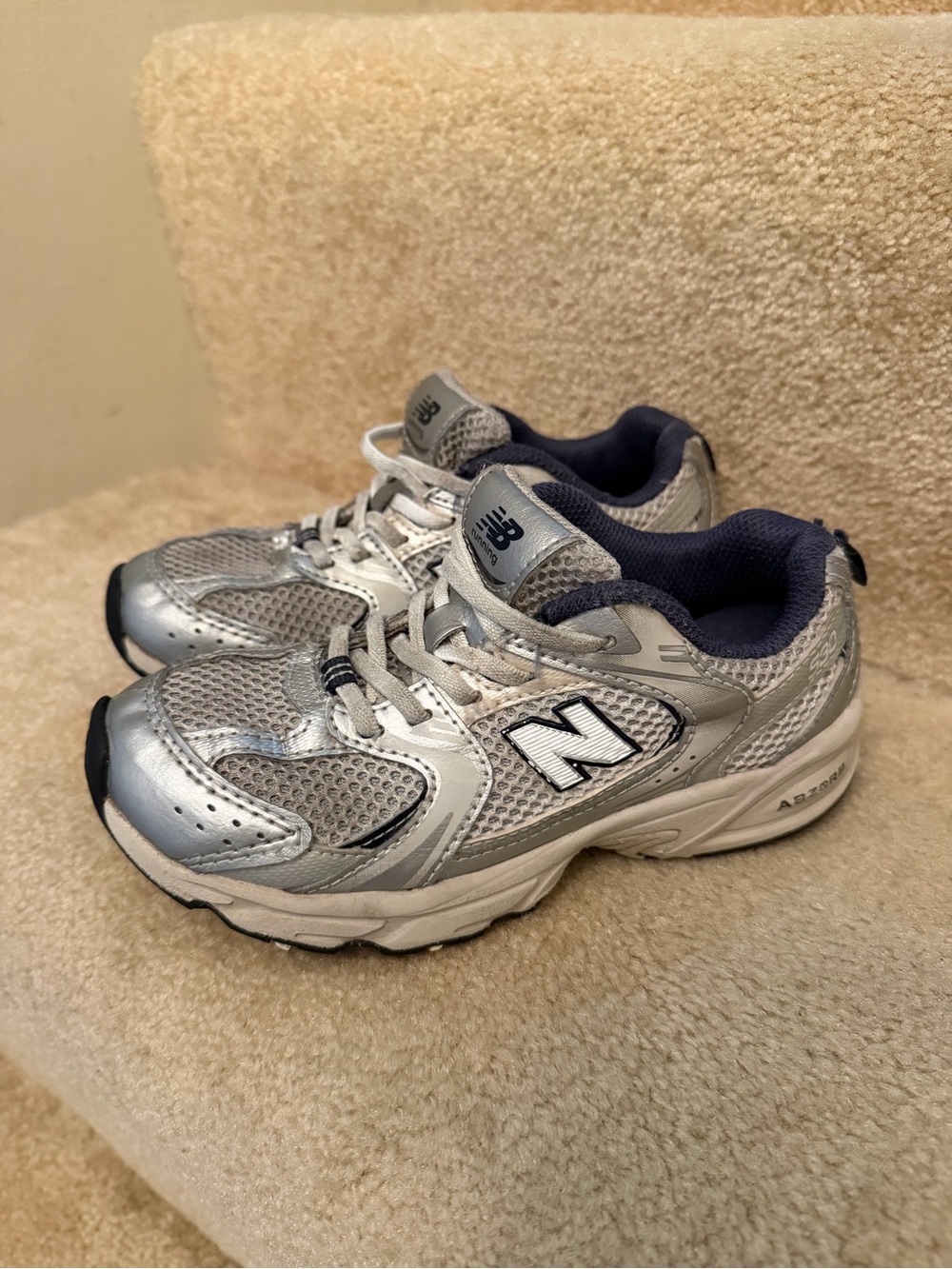 New Balance Silver and Navy Kids' Athletic Sneakers